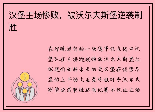 汉堡主场惨败，被沃尔夫斯堡逆袭制胜
