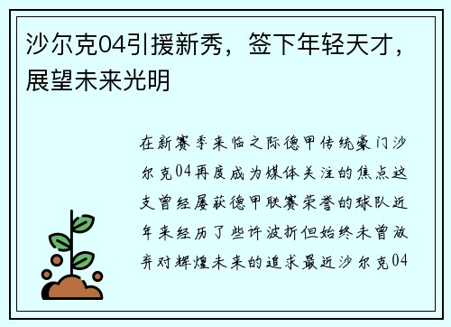 沙尔克04引援新秀，签下年轻天才，展望未来光明