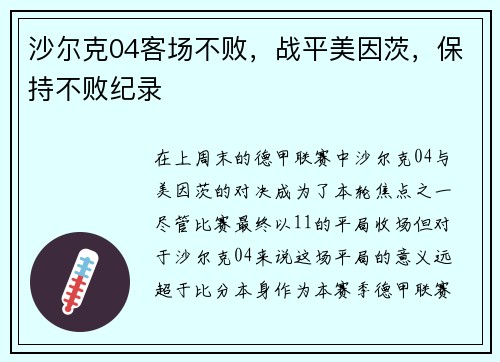 沙尔克04客场不败，战平美因茨，保持不败纪录
