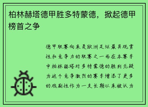柏林赫塔德甲胜多特蒙德，掀起德甲榜首之争