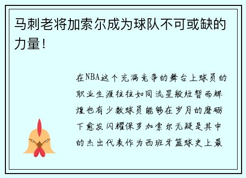 马刺老将加索尔成为球队不可或缺的力量！