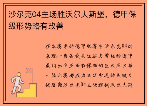 沙尔克04主场胜沃尔夫斯堡，德甲保级形势略有改善