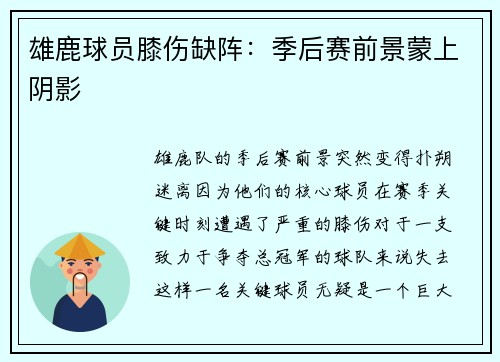 雄鹿球员膝伤缺阵：季后赛前景蒙上阴影