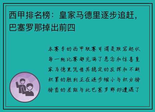 西甲排名榜：皇家马德里逐步追赶，巴塞罗那掉出前四