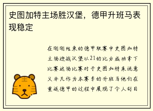 史图加特主场胜汉堡，德甲升班马表现稳定