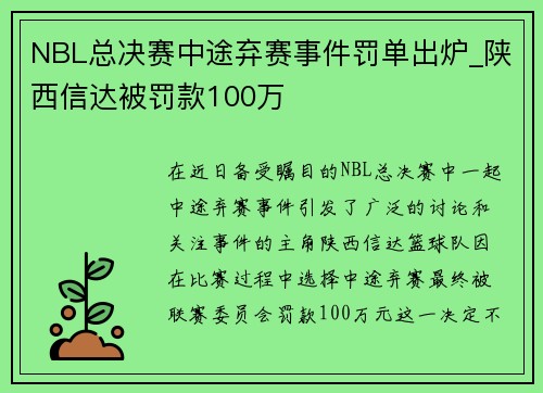 NBL总决赛中途弃赛事件罚单出炉_陕西信达被罚款100万