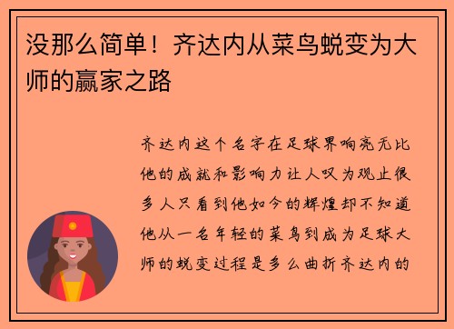 没那么简单！齐达内从菜鸟蜕变为大师的赢家之路
