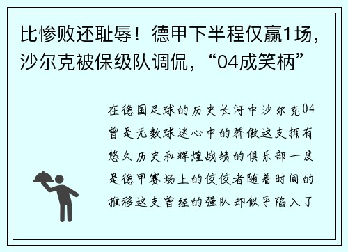 比惨败还耻辱！德甲下半程仅赢1场，沙尔克被保级队调侃，“04成笑柄”