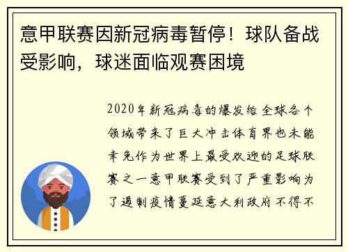 意甲联赛因新冠病毒暂停！球队备战受影响，球迷面临观赛困境