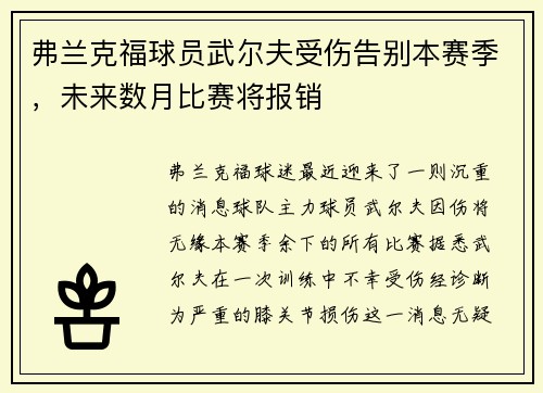 弗兰克福球员武尔夫受伤告别本赛季，未来数月比赛将报销