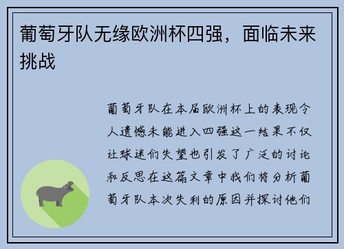 葡萄牙队无缘欧洲杯四强，面临未来挑战