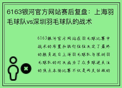 6163银河官方网站赛后复盘：上海羽毛球队vs深圳羽毛球队的战术